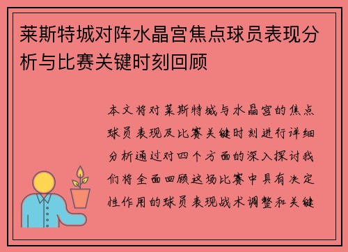 莱斯特城对阵水晶宫焦点球员表现分析与比赛关键时刻回顾